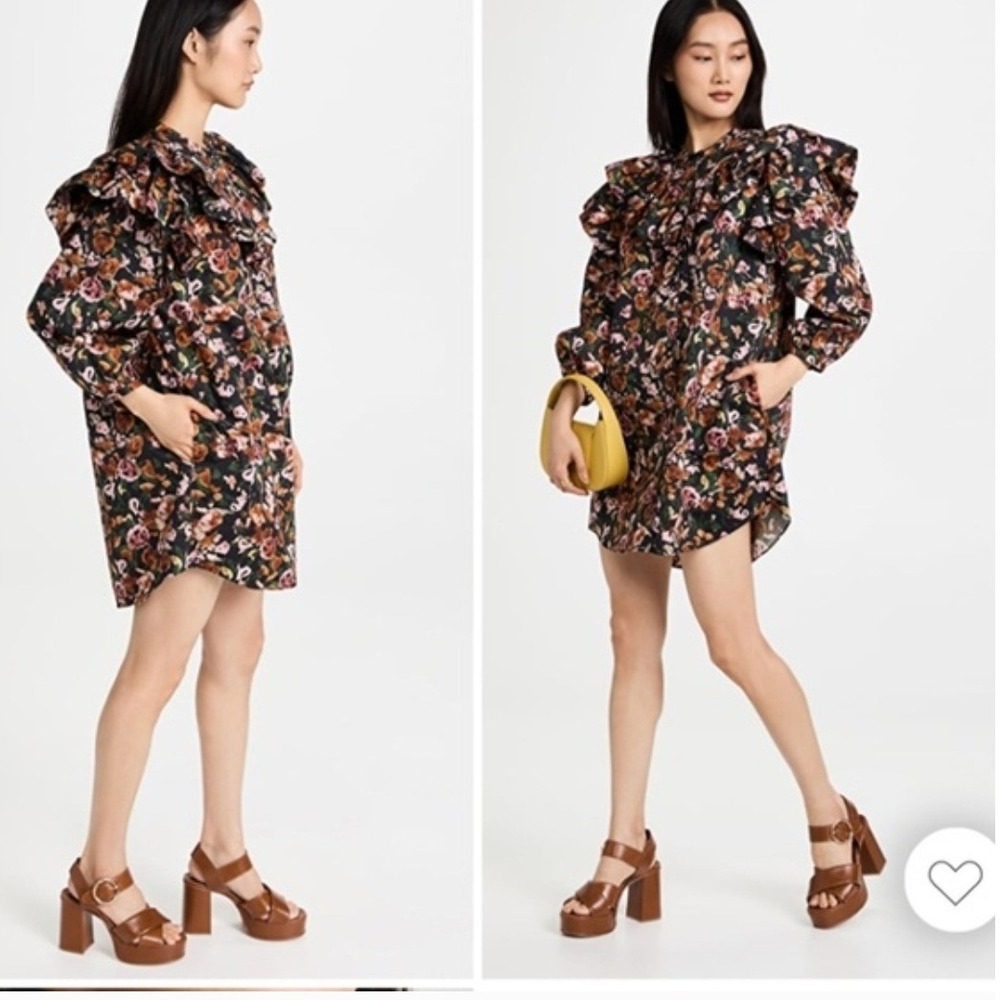 Something Navy‎ Floral Ruffle Neck Long Sleeve Mini Dress Black Orange Size S